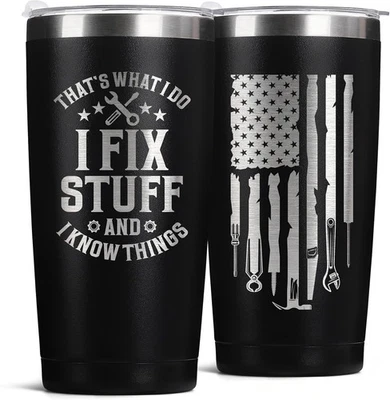 That’s What I Do Fix Stuff & I Know Things + Flag 20oz vaso negro plata taza Foto 1 de 4