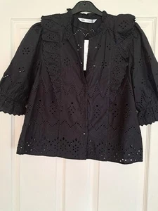 NEW Zara Women's Broderie Anglaise Black Top Size S - Picture 1 of 14