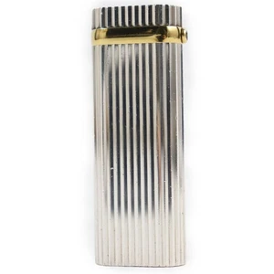 Cartier 1P Sapphire Oval Stripe Roller Gas Lighter Silver Gold Ignition OK - Picture 1 of 8
