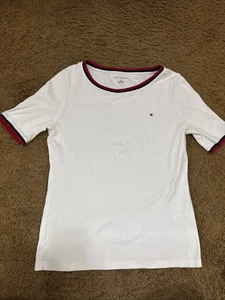 Tommy Hilfiger Camiseta Mujer Grande Blanco Algodón Piqué Ribete Acanalado Manga Corta Logo - Imagen 1 de 6