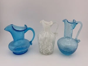 3 MCM Miniature Crackle & Splatter Art Glass Pitchers Bud Vases - LR2 - Picture 1 of 19