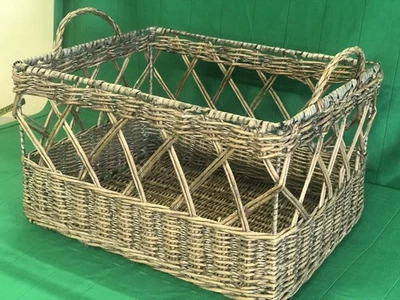Vintage Rustic Danish Handmade Rectangular Wicker Storage Basket Interior Design - Image 1 of 4
