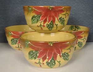 Maxcera ~ Set 4 CIOTOLE POINSETTIA ~ 51/2" x 3" ~Natale oro rosso verde ceramica - Foto 1 di 7