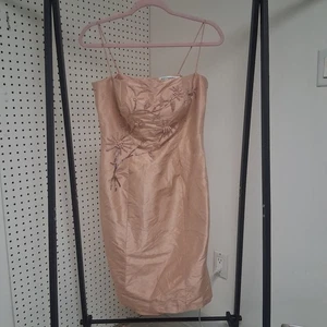 GEOMETRIE 100 % Seide Perlen Blumen Kleid Gr. 6 - Champagner Slip Knielang - Bild 1 von 15