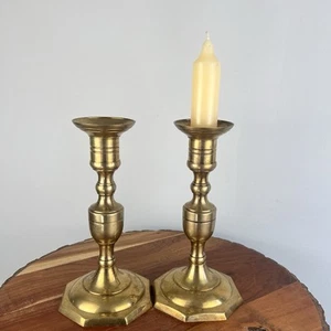 Vintage Brass Candlesticks Pair 9” Tall Tapered Candle Holders Octagonal Base - Picture 1 of 14