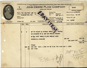 1928 Billhead John Deere Plow Company Dallas Texas MAQUINARIA AGRÍCOLA Agricultura - Imagen 1 de 1