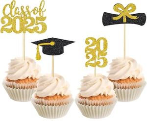 36 Pcs 2025 Graduation Theme Cupcake Toppers, Glitter 2025 Graduation Cap Diplom - Picture 1 of 7