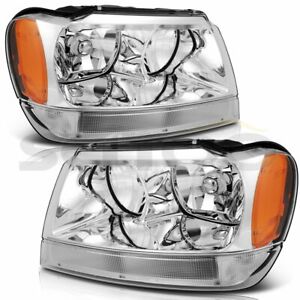 For 1999-2004 Jeep Grand Cherokee Headlights Assembly Chrome Headlamp Left+Right