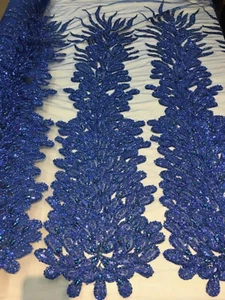 ROYAL BLUE peacock sequin gem beaded mesh Gowns lingerie fabric SOLD BY PANEL - Picture 1 of 5