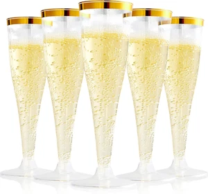 100 Pack Plastic Champagne Flutes, 4.5 Oz Gold Rim Glasses, Disposable Clear Toa - Picture 1 of 12