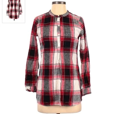 Old Navy Plaid Popover Henley Tunic Red Black White Women's XS Linen Cotton EUC - Image 1 of 4
