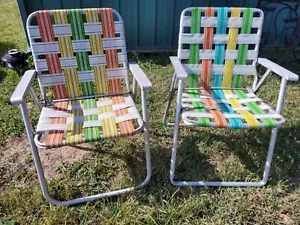 Vintage 1970s Adult Webbed Aluminum Folding Lawn Chairs Yellow Orange Green Blue - Picture 1 of 13