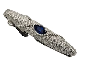Swank Silver Tie Clasps, Tie  Clip, Tie Bar w/ Blue Stone 2 inches Long Vintage - Picture 1 of 7