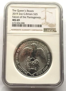 Great Britain 2019 Falcon 5 Pounds 2oz NGC MS69 Piedfort Silver Coin,UNC - Picture 1 of 2