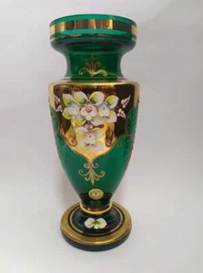 Large Antique Bohemian Handpaint Gold Gilt Green Glass Enameled Floral Vase - Picture 1 of 10
