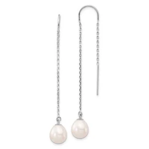14K White Gold 7-8mm White Teardrop Freshwater Cultured Pearl Threader Earrings - Picture 1 of 2