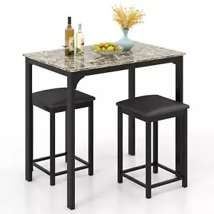 3 PCS Counter Height Dining Set Faux Marble Table and 2 Chairs Kitchen Bar New - Picture 1 of 10