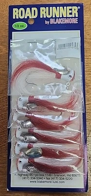 Correcaminos Bucktail Blakemore 1006-025. Tarjeta de 6. 1/2 oz. Tarjeta roja/blanca de 6 Foto 1 de 4