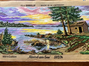 Vtg Gobelin FINISHED TAPESTRY  Wall Hanging "Abend am See" #59374  large 80x39cm - Bild 1 von 7