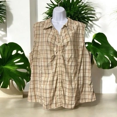 Women White Stag Tan Plaid Sleeveless Button Up Shirt Sz 3X - Image 1 of 4