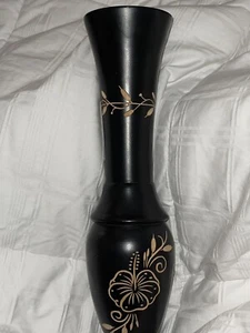 Black Wood Flower Vase Hand Carved Thai Pattern Table Decor - Picture 1 of 4