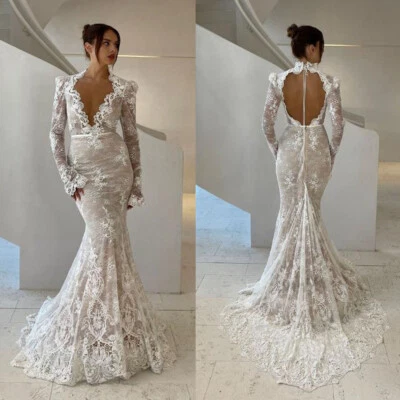 Full Lace Mermaid Wedding Dresses White Ivory Sexy Backless V-Neck Bridal Gowns - Image 1 of 4