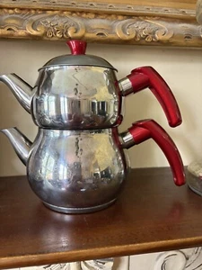 Sword Stainless Steel Turkish Double Tea Kettle Teapot Set Stacking Red Handles - Picture 1 of 6