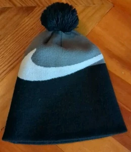 Nike Youth Winter Hat Black Gray White Swoosh Logo Toboggan Pom Pom - Picture 1 of 7