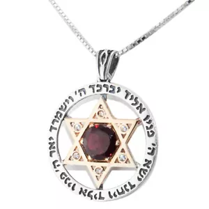 Magen David mit Priestersegen und Granatstein Silber 925 Gold 9K Judaica - Bild 1 von 5