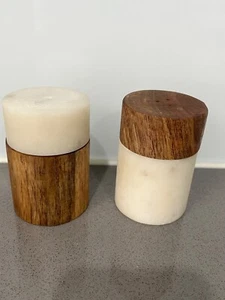 Salt & Pepper Shaker Set Mango Wood & Marble Plastic Lined Screw Lid - Picture 1 of 6