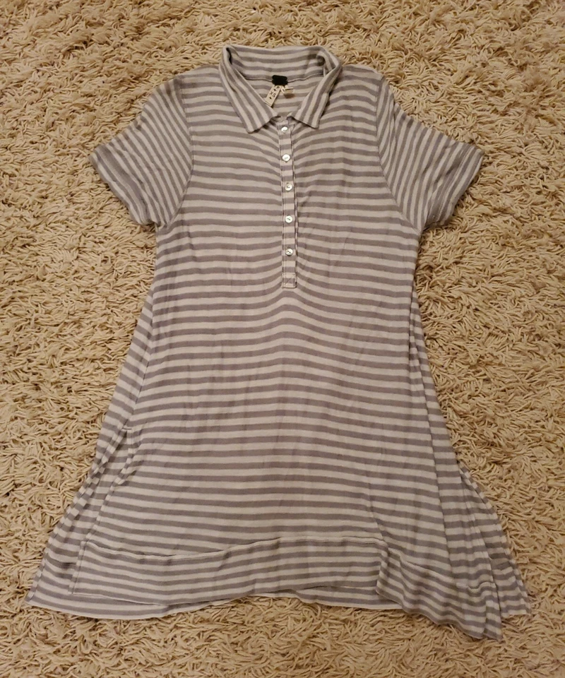 We The Free People 灰色白色条纹 1/2 纽扣领连衣裙 X 小号 — 第 1/4 张图片