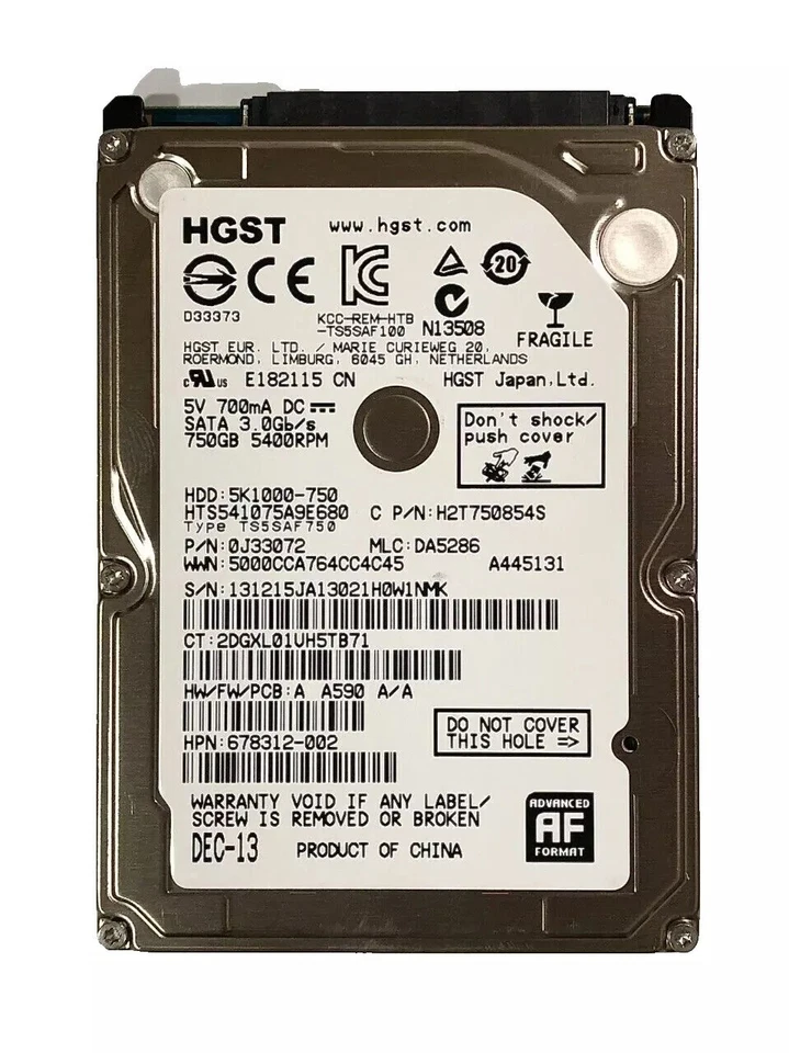 HGST Laptop Hard Disk Drive 750GB HTS541075A9E662 P/N: 0J37012 2.5" SATA - Image 1 of 2