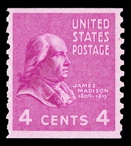 Scott 843 1939 4c Madison Presidential Coil Issue Mint Single F-VF NH Cat $7.50 - Picture 1 of 1