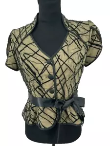 JS Collection Womens Blouse Size 10 Beige Black Button Front Black Ribbon Belt - Picture 1 of 5
