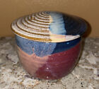 Hand Thrown Pottery Butter Dish Signed Crock Blue /Red/Beige.  3” T X 4” Dia