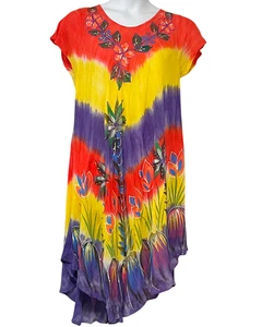 Exist Free Size Caftan Dress Beach Cover-Up Rainbow Tie Dye Tropical Rayon New - Picture 1 of 10
