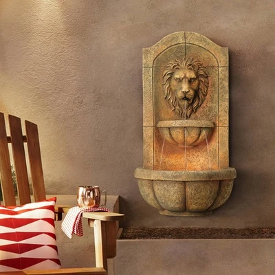 Lion Head Rustic 2 Tier Outdoor Wall Water Fountain LED Light 19 1/2" for Yard - Image 1 of 4