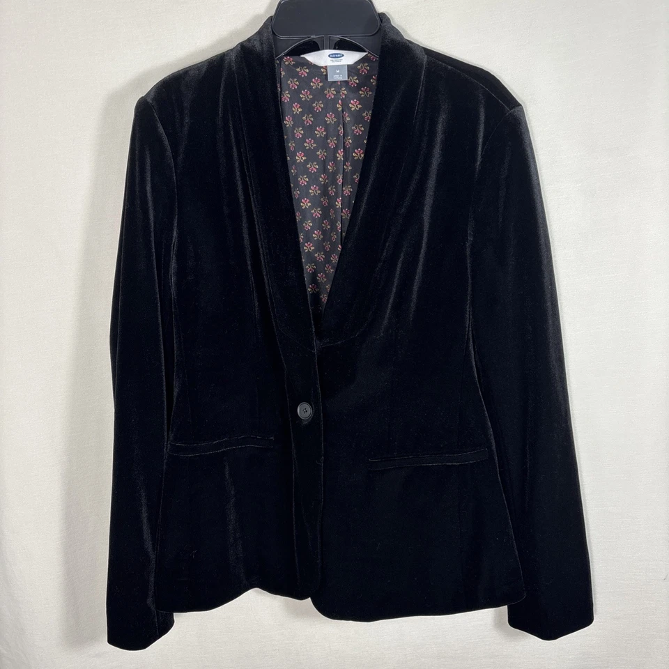 Old Navy 女式天鹅绒派对西装外套黑色花朵衬里 M 码假日 — 第 1/4 张图片