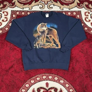 Vintage 90s Jerzees Brown Wolf Pup Forest Navy Crewneck Sweatshirt Size L - Picture 1 of 16