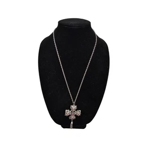 Vintage Y2K Silberfarbene Kette Halskette mit verziertem lila Strass Kreuz - Bild 1 von 5