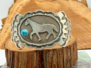 Kevin Yazzie Navajo Sterling Silver Turquoise Tufa Cast Horse Cuff--1991.25 - Picture 1 of 8