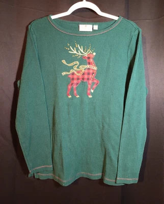 Quacker Factory Woman's Large Green Waffle Thermal Plaid Bing Reindeer Christmas - Image 1 of 4