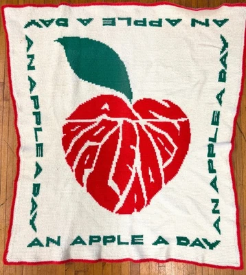 Vintage Handmade An Apple A Day Knit Crochet Lamp Blanket 45 In x 39 in - Image 1 of 4