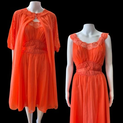 Vtg 50s Vanity Fair Red Peignoir Set Sz S Babydoll Sissy Lace Chiffon Nightgown  - Image 1 of 4