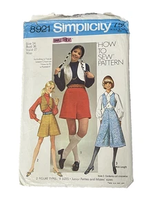 VTG 70s Pantskirt + Vest Size 14 Simplicity 8921 Sewing Pattern Jr. & Petites - Picture 1 of 4