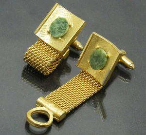 Dante Wrap Around Cufflinks Mesh Gold Tone w/ Green Stone Jade? - Picture 1 of 11