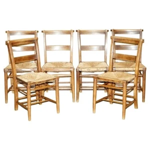 LOVELY SUITE OF SIX CIRCA 1860 DUTCH LADDER BACK OAK RUSH SEAT DINING CHAIRS 6 - Picture 1 of 12