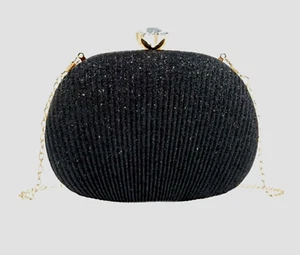 CLUTCH BAG - Black Hard Case Shell Clutch - Rhinestone Clasp & Chain - Evening - Picture 1 of 4