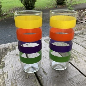 Vintage rainbow vintage Glass  Stripe clear drink/water Tall 8” Set Of 2 - Picture 1 of 1