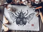 Impression linograve atlas coléoptère peinture d'intérieur faite main décoration gothique insectes